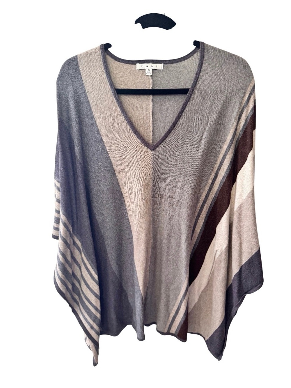 CAbi V-Neck Stripe Poncho Sweater in Beige, Gray, Brown
